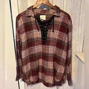 AMERICAN EAGLE plaid burgandy oversized lace up top distressed|M whimsigoth